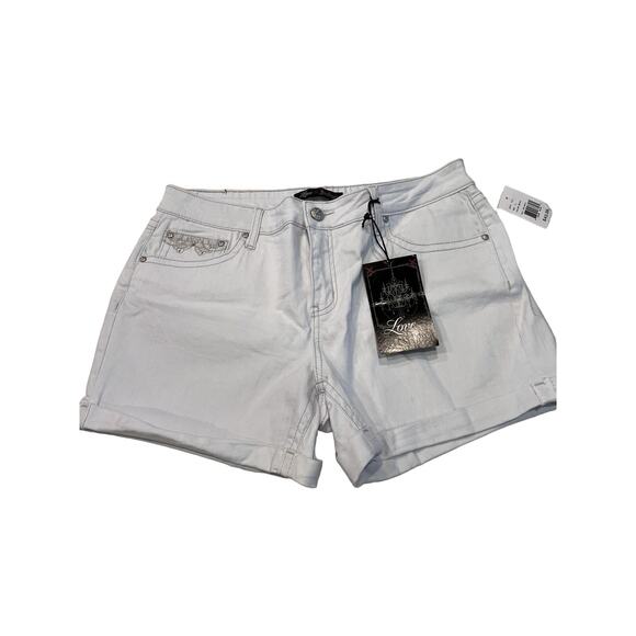 NWT Vintage Love Indigo White Jean Shorts Dream Catcher Pockets Embellished Boho - Picture 2 of 15